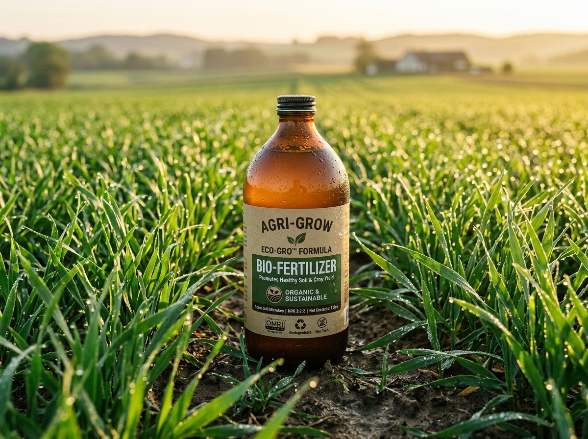 Organic Bio-Fertilizer Bottle in Crop Field